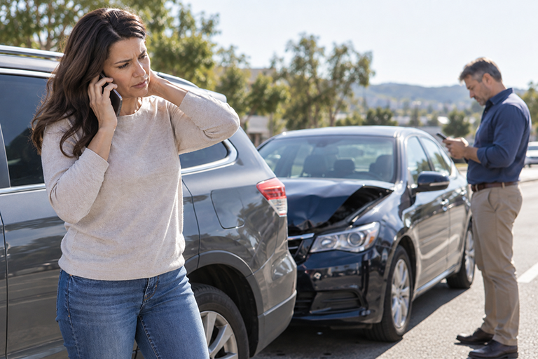 aol-auto-accidents-768 A woman stands in front of a vehicle accident while an officer writes details in the background next to a patrol car
