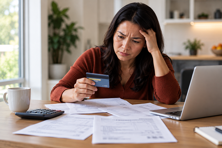 aol-consumer-protection-768 A woman sits at a table distressed over her credit card statement holding a credit card in one hand