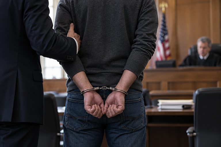 aol-criminal-defense-768 A man in handcuffs seen from behind standing before a judge