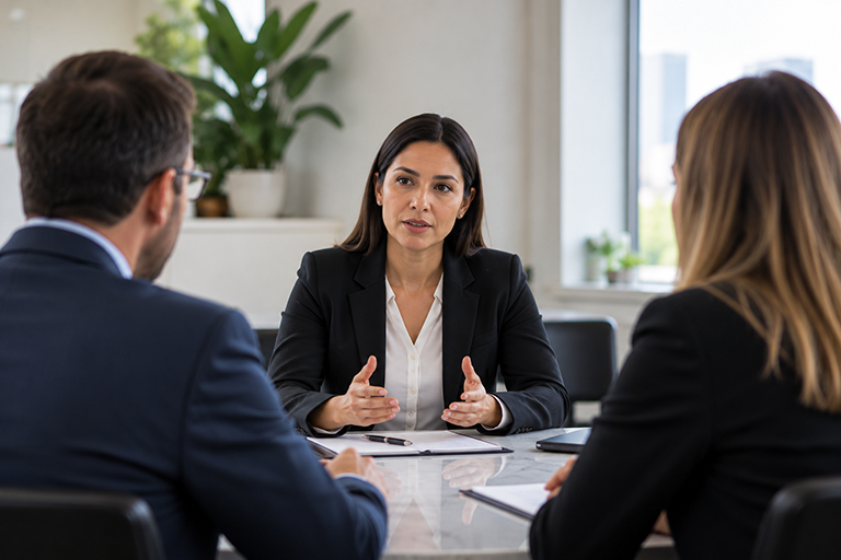 aol-dispute-resolution-768 A woman counsels a couple seated at a desk