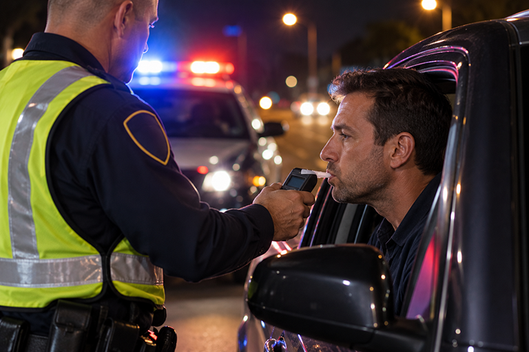 aol-dui-defense-768 A man is given a breathalizer test by a police officer