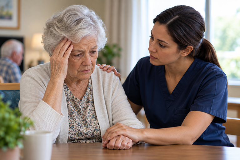 aol-elder-abuse-768 An elderly woman touches her temple with her hands as a caregiver offers support