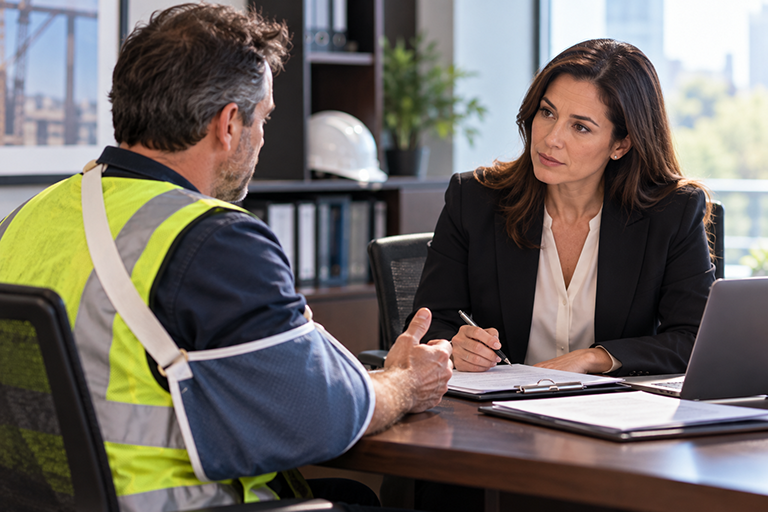 aol-workers-compensation-768 A worker in a safety vest is interviewed by a female attorney sitting at a desk in an office